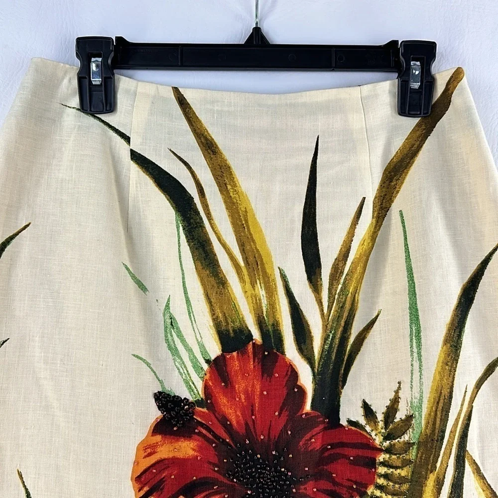 Beautiful Silk Club 100% Linen Hibiscus Floral Pencil Skirt, 8